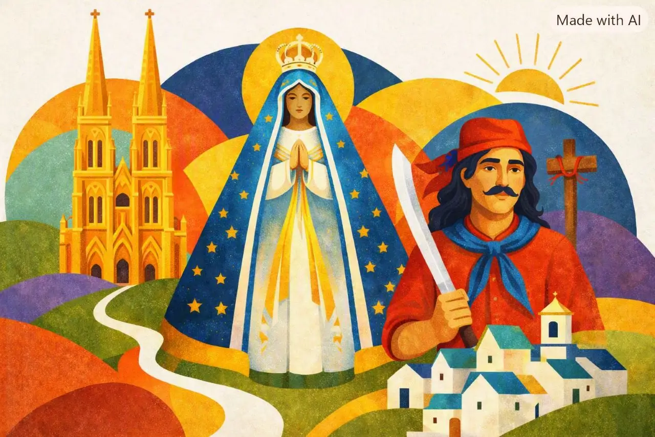 La imagen generada por inteligencia artificial ilustra una representación artística que parece evocar a Nuestra Señora de Luján, la patrona de Argentina, flanqueada por una basílica de características góticas similares a su santuario y una figura tradicional de gaucho con un facón.