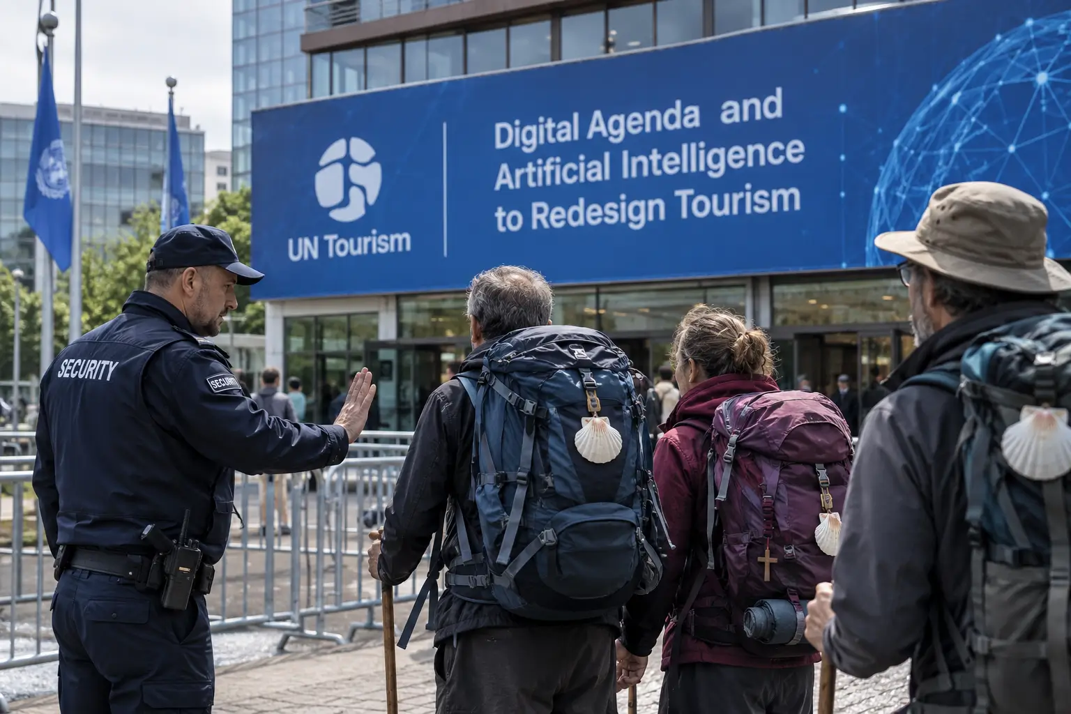 Imagen de estilo periodístico en La Haya, formato 16:9. Fondo con pancarta que diga: "Digital Agenda and Artificial Intelligence to Redesign Tourism" junto al logo oficial de ONU Turismo. En primer plano, un guardia de seguridad en plano americano, de pie y centrado, deteniendo a un grupo de peregrinos que avanzan hacia Santiago. Composición realista, iluminación natural, tono sobrio y documental.