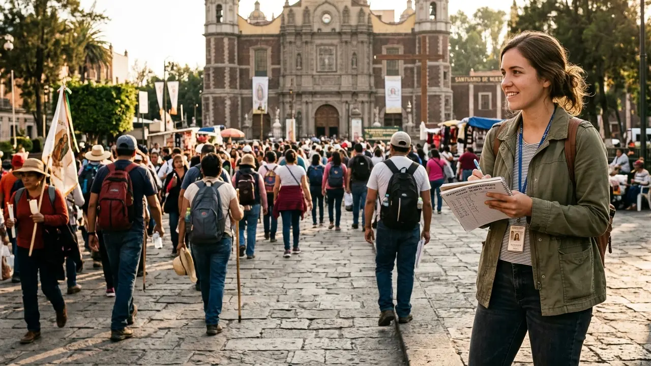 La imagen muestra a una persona con una libreta tomando notas frente a la antigua Basílica de Guadalupe en la Ciudad de México