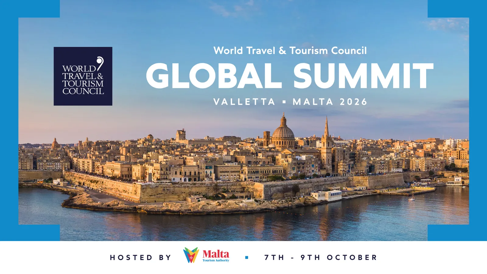 Banner del 26.º Global Summit anual del World Travel & Tourism Council (WTTC), celebrado en La Valeta del 7 al 9 de octubre de 2026